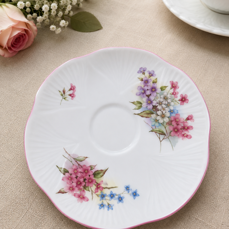 Plato de té vintage Shelley Fine Bone China de 14,5 cm con relieve acanalado, borde rosa y delicada decoración floral en tonos rosados, lilas, azules y verdes.