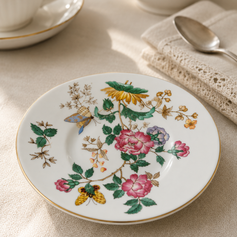 Plato de té Wedgwood Charnwood de Bone China inglesa con delicado diseño botánico, mariposa y flores silvestres, en excelente estado.