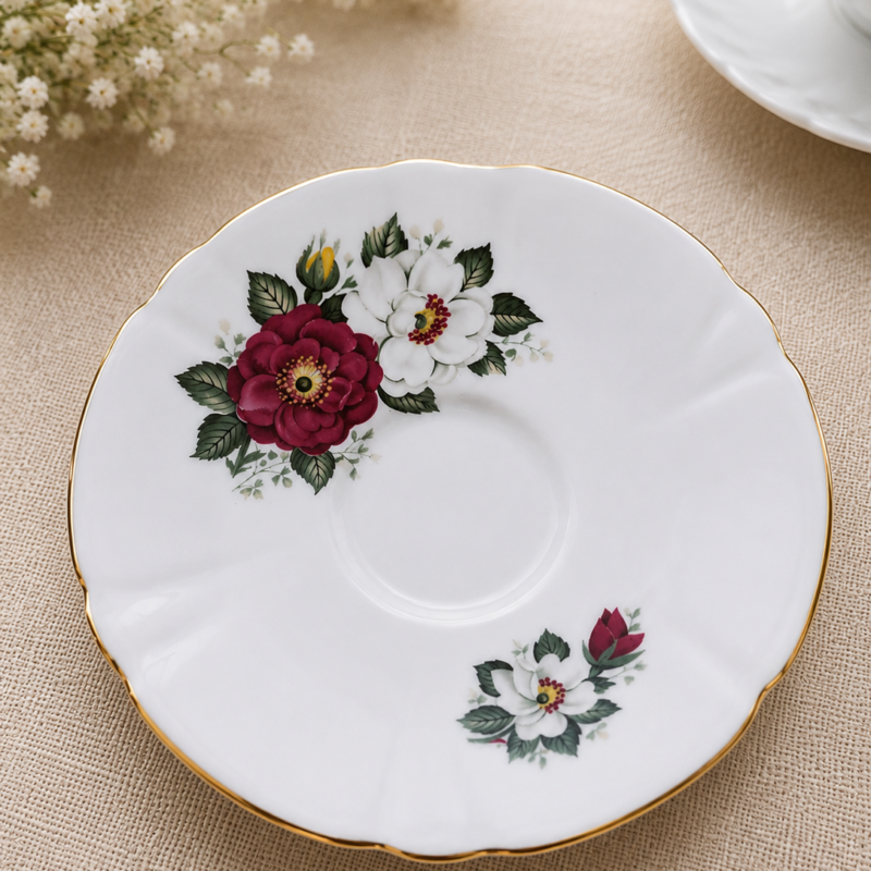 Plato de té vintage Windsor Bone China de 14,5 cm con decoración floral en tonos burdeos y blanco, follaje verde y borde dorado, fabricado en Inglaterra.