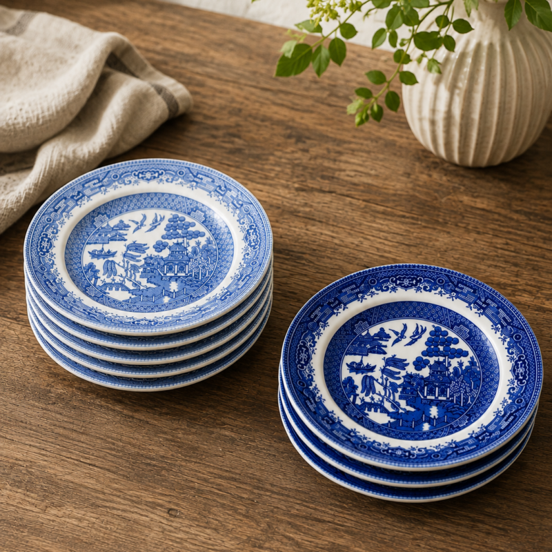 Set de platos de té Blue Willow ingleses con decoración azul tradicional, compuesto por piezas Broadhurst vintage y Churchill contemporáneas.