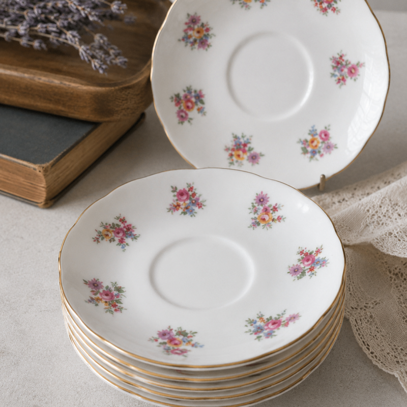 Set de seis platos de té Royal Adderley Floral de Bone China inglesa con pequeños ramilletes florales y borde dorado sobre porcelana blanca.