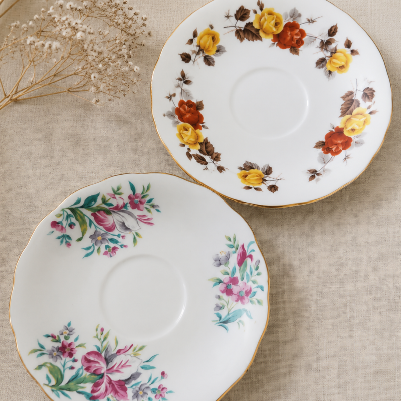 Set de dos platos de té vintage Colclough Bone China de 14 cm con delicados diseños florales y bordes dorados, fabricados en Inglaterra.
