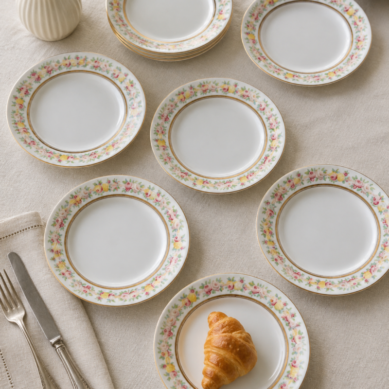 Set de 8 platos de pan vintage de porcelana de 16 cm, decorados con guirnalda de pequeñas rosas rosadas y amarillas y detalles dorados.