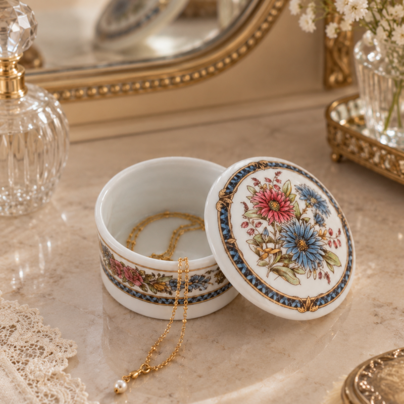 Joyero vintage Staffordshire Bone China inglés con tapa y decoración floral azul y rosa.