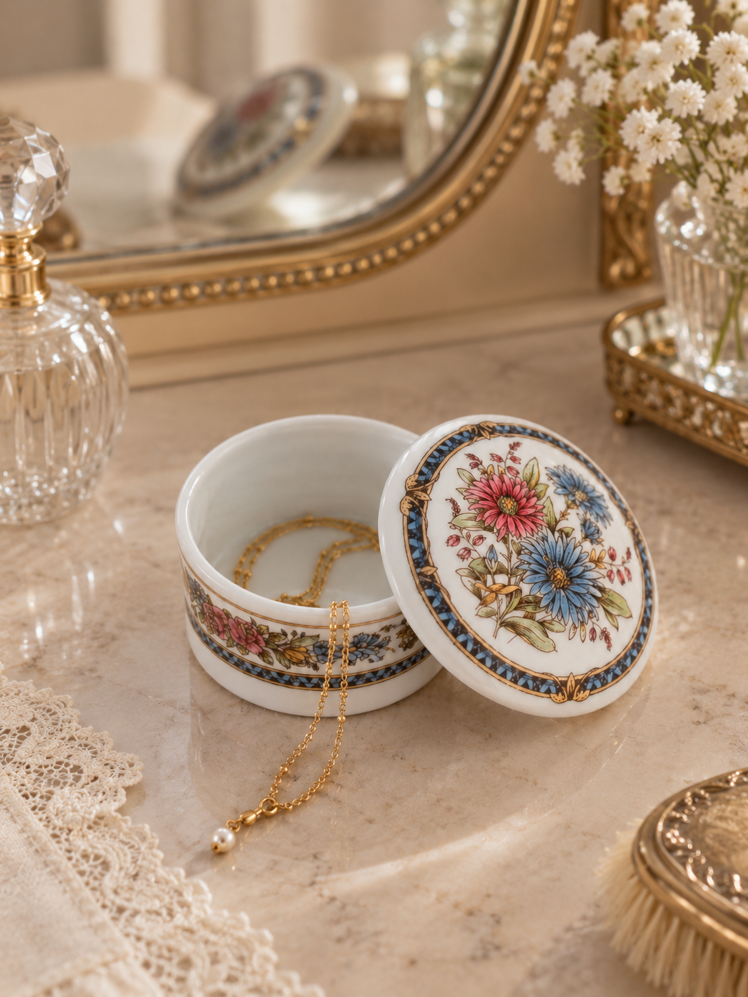 Joyero vintage Staffordshire Bone China inglés con tapa y decoración floral azul y rosa.