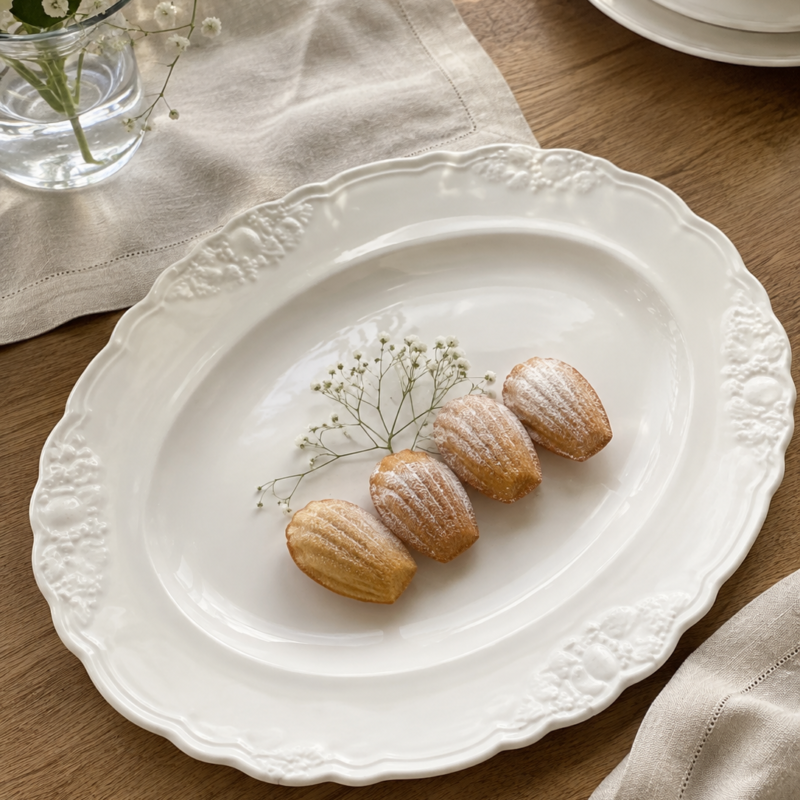 Bandeja ovalada vintage blanca de 26 × 20 cm con borde ondulado y delicados motivos florales en relieve.