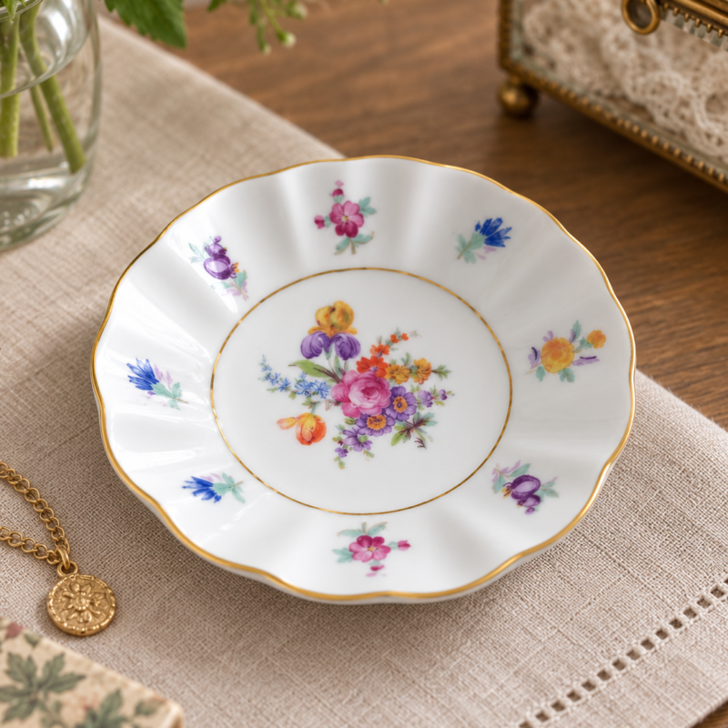 Despojador vintage checoslovaco de porcelana fina de 11 cm, decorado con corona imperial, bouquet de flores multicolor y borde ondulado con filetes dorados.