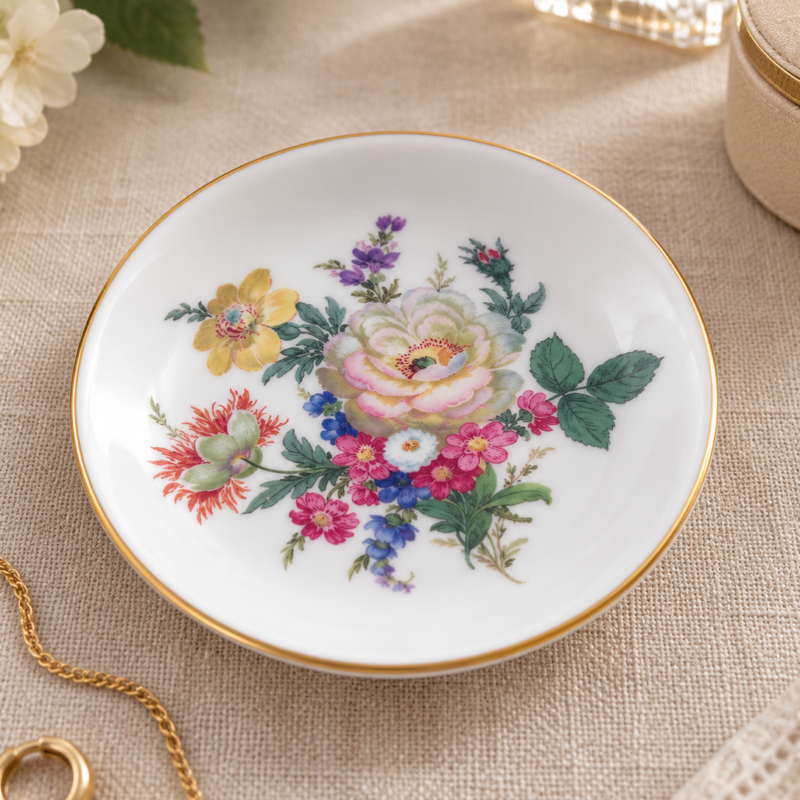 Despojador vintage Caverswall England de 11 cm en porcelana blanca, decorado con bouquet de flores multicolor y fino borde dorado.