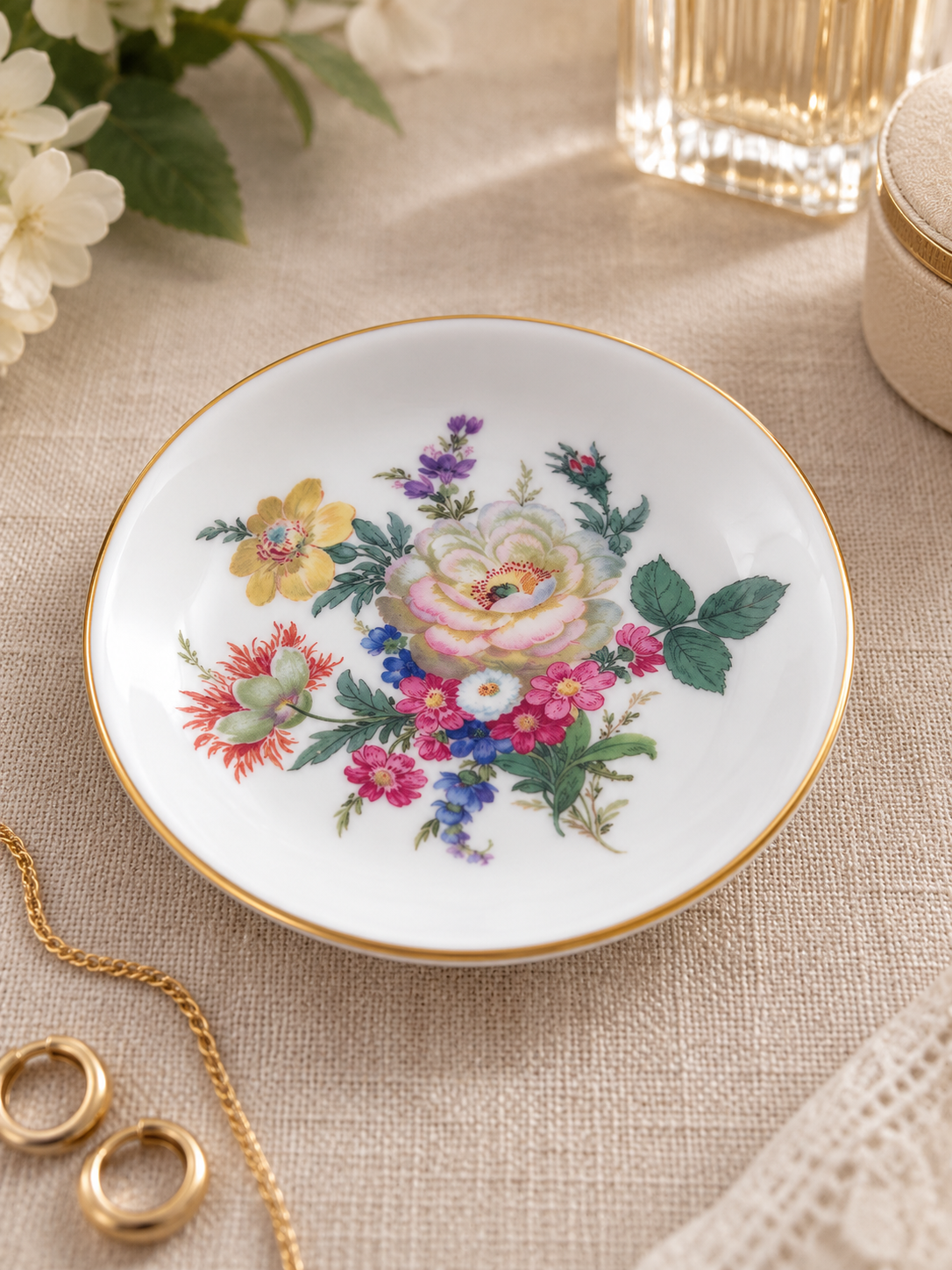 Despojador vintage Caverswall England de 11 cm en porcelana blanca, decorado con bouquet de flores multicolor y fino borde dorado.