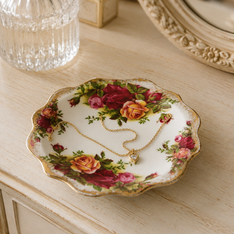 Despojador vintage Royal Albert Old Country Roses de Bone China inglesa con rosas rojas, rosadas y amarillas y borde dorado, 11,5 cm.