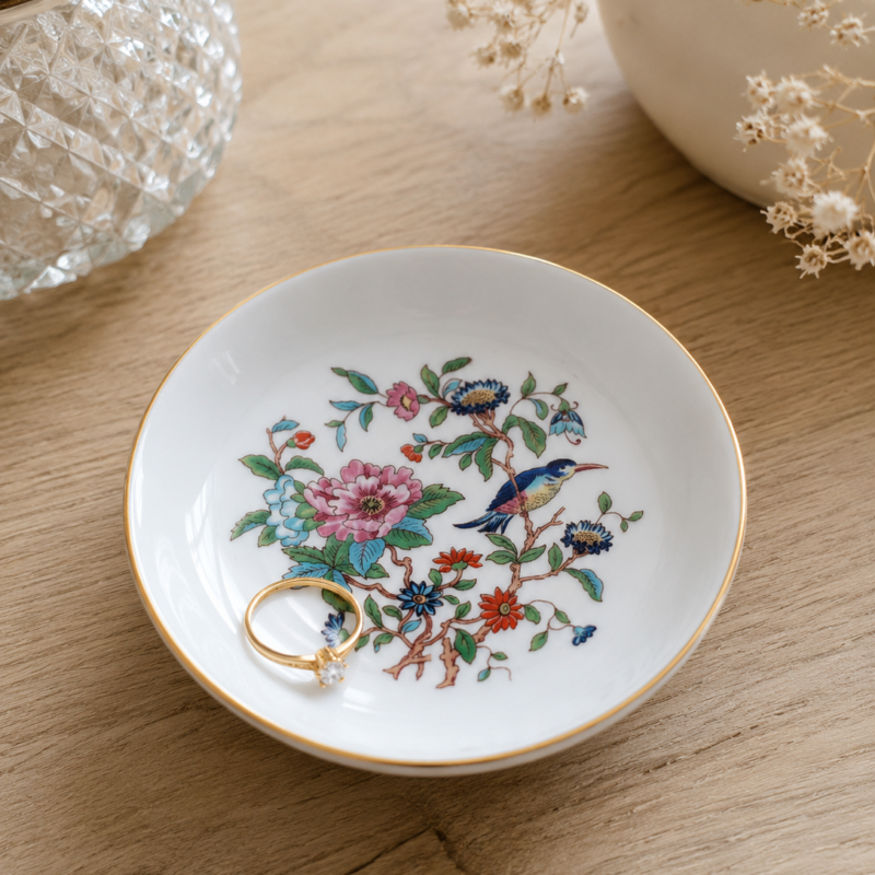 Despojador vintage Aynsley Pembroke Fine English Bone China de 11 cm con pájaro, flores multicolores y borde dorado.