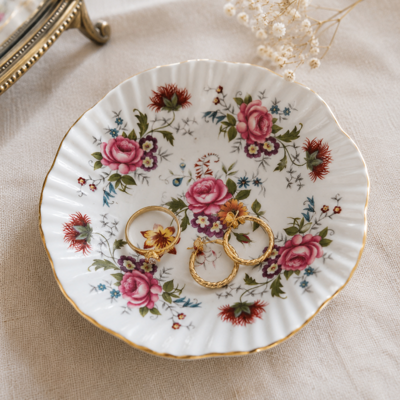 Despojador vintage Elizabethan Fine Bone China England de 12 cm con rosas, flores multicolores y borde dorado.