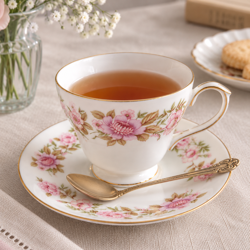 Dúo de té vintage Duchess Summer Glory Bone China inglesa, con flores rosadas, follaje verde y delicados detalles dorados.