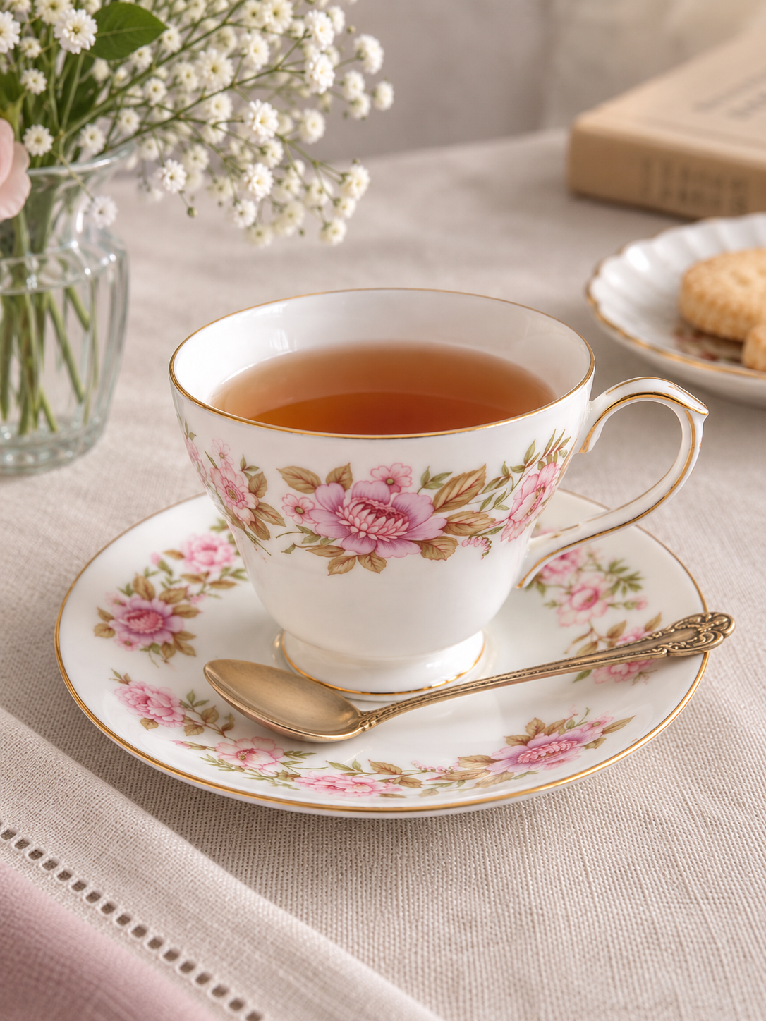 Dúo de té vintage Duchess Summer Glory Bone China inglesa, con flores rosadas, follaje verde y delicados detalles dorados.