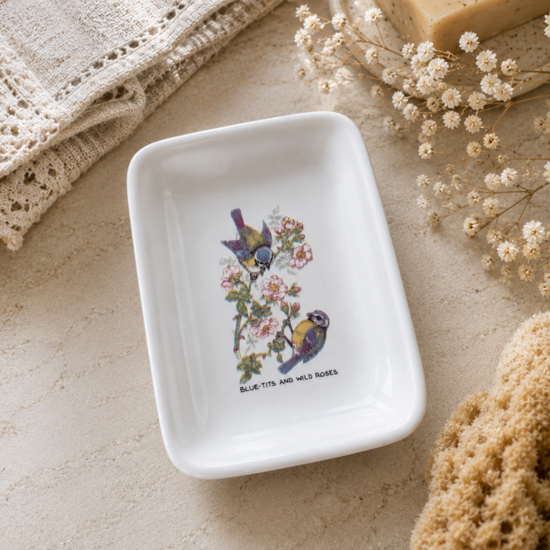 Jabonera / Despojador Vintage “Blue-Tits and Wild Roses” – Porcelana Inglesa de Staffordshire, 11 × 8 cm.