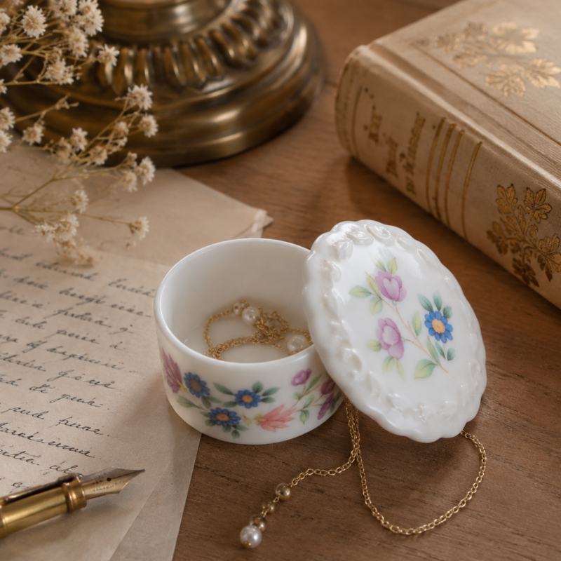 Joyero vintage Coalport Mayfield Fine Bone China Made in England de 5 × 3 cm, con decoración floral y tapa en relieve.