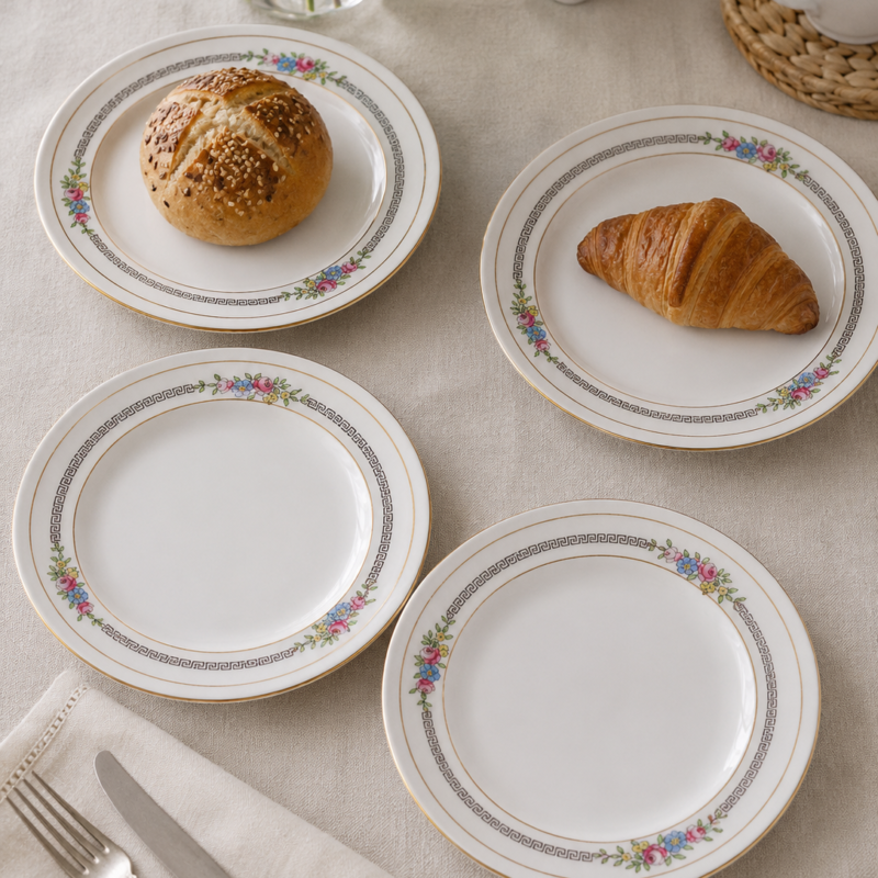 Set de 4 platos de pan vintage Heathcote Bone China inglesa de 18,5 cm, con flores, greca geométrica y detalles dorados.