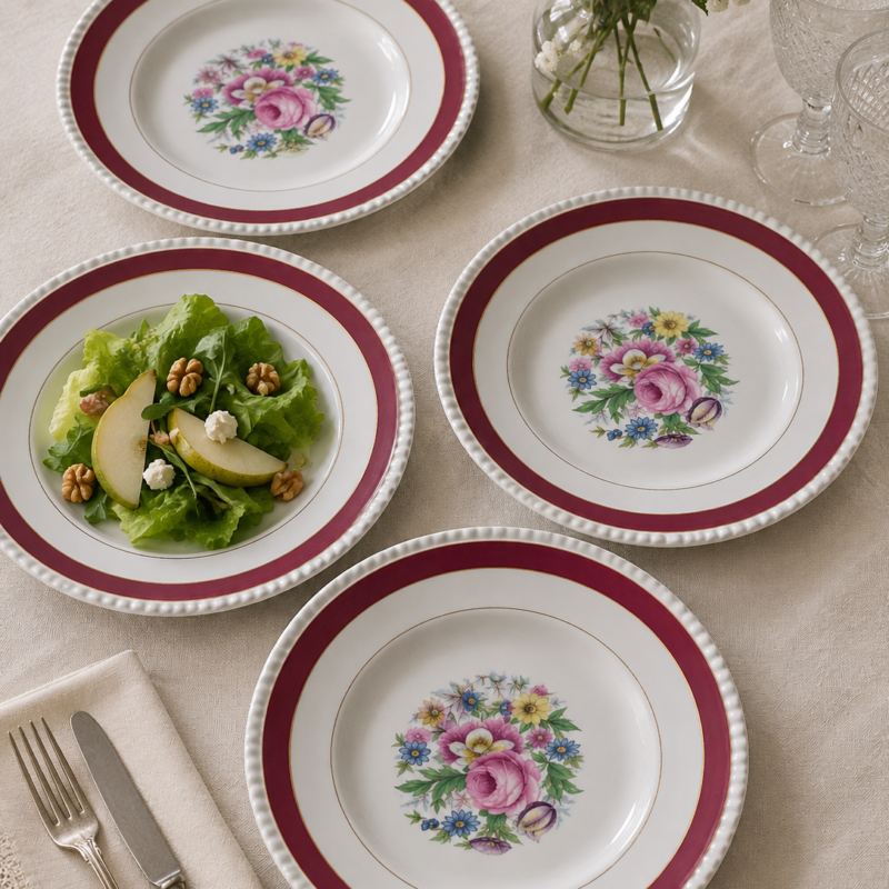 Set de 4 platos vintage Soho Pottery Murraygate Ambassador Ware England de 23 cm, con bouquet floral, banda burdeos y detalles dorados.