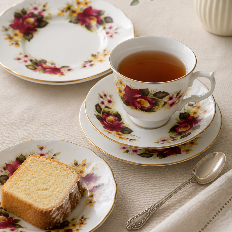 Trío de té vintage Gainsborough Bone China Made in England, con taza, plato de té y plato de pan decorados con rosas burdeos, flores amarillas y detalles dorados.