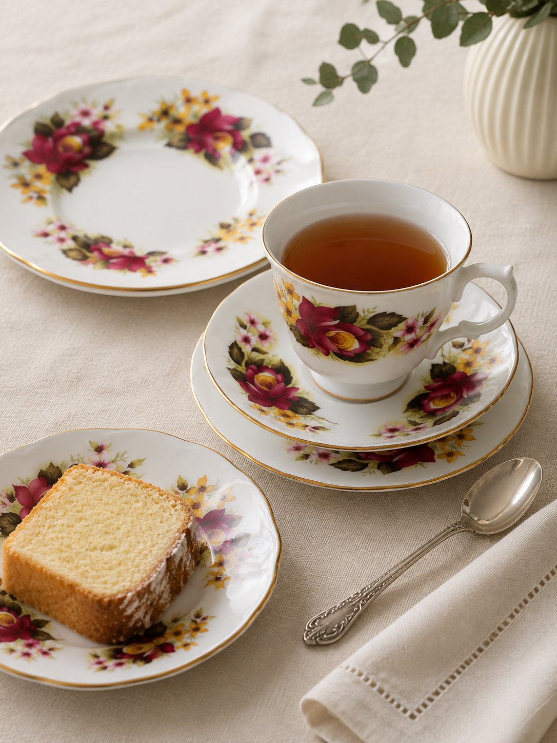 Trío de té vintage Gainsborough Bone China Made in England, con taza, plato de té y plato de pan decorados con rosas burdeos, flores amarillas y detalles dorados.