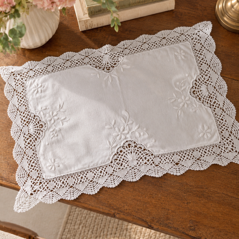 Bandejero blanco de algodón de 44 × 28 cm con bordado floral y blondas tejidas a crochet, nuevo sin uso.