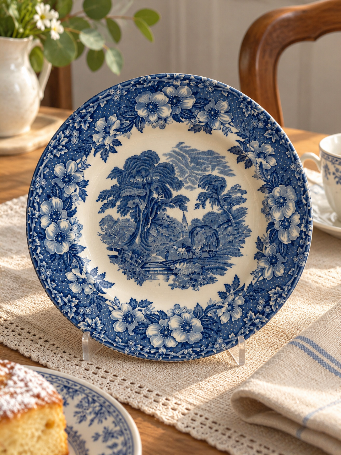 Plato de postre vintage Enoch Wedgwood Woodland de 17,5 cm, loza inglesa azul con escena campestre y cenefa floral.
