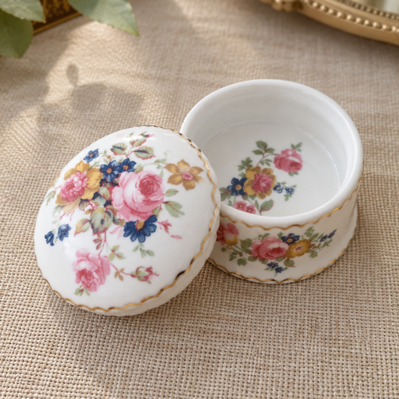 Joyero redondo de Bone China decorado a mano con rosas rosadas, flores azules y detalles dorados, 5,5 cm.