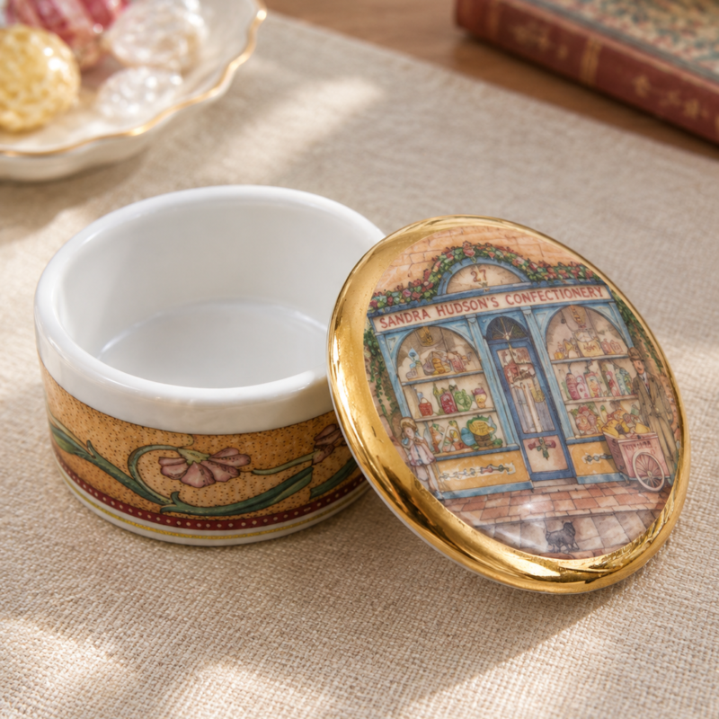 Joyero vintage Peter Stanier Fine China England de 5 cm con escena Sandra Hudson’s Confectionery y borde dorado.
