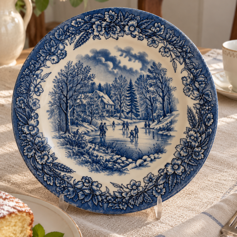 Plato de torta y postre vintage Churchill England de 20 cm, loza inglesa azul y blanca con escena invernal de patinadores y borde botánico.