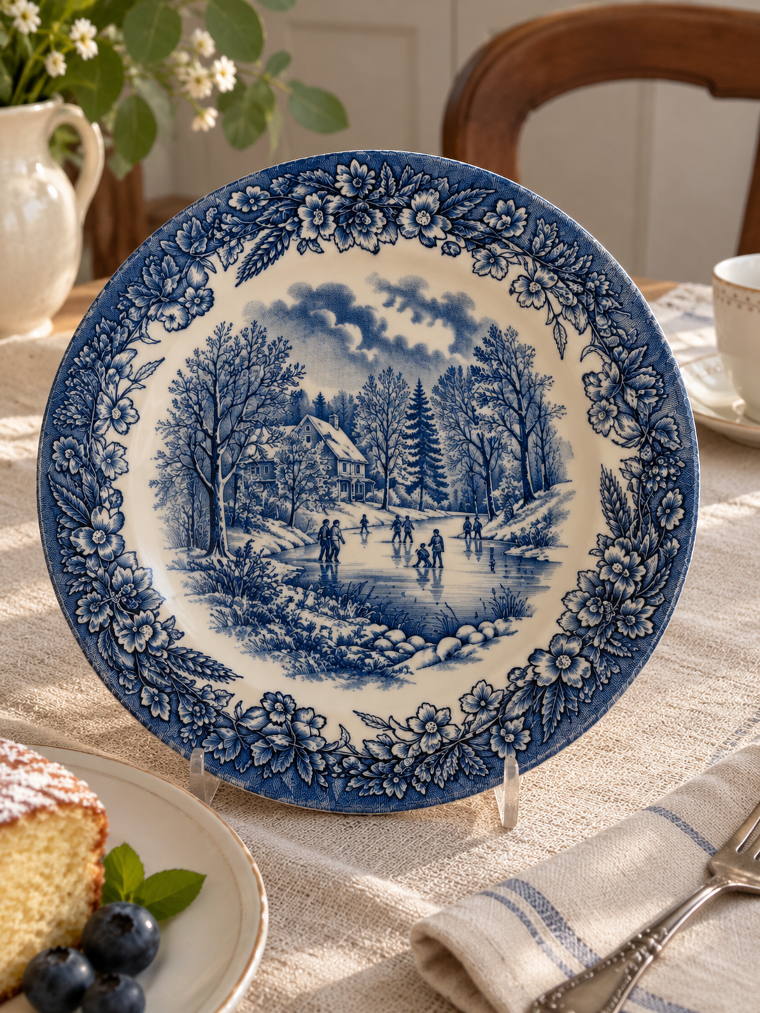 Plato de torta y postre vintage Churchill England de 20 cm, loza inglesa azul y blanca con escena invernal de patinadores y borde botánico.