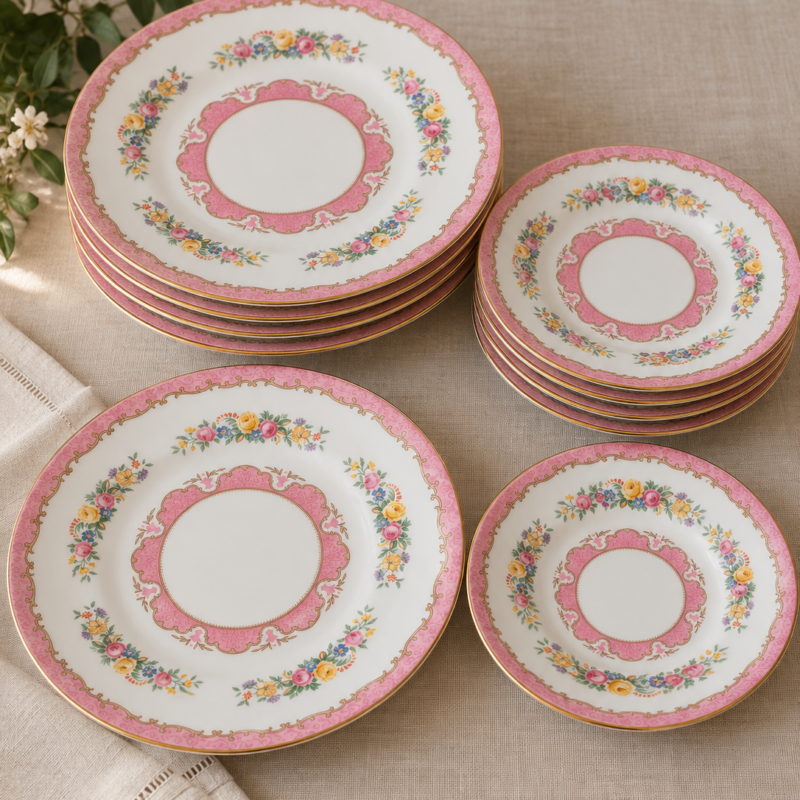 Set de 10 platos vintage Crown Staffordshire Lyric Tunis Pink de porcelana inglesa, compuesto por 5 platos de entrada de 22 cm y 5 platos de postre de 16 cm, con decoración floral, bandas rosa pastel y detalles dorados.