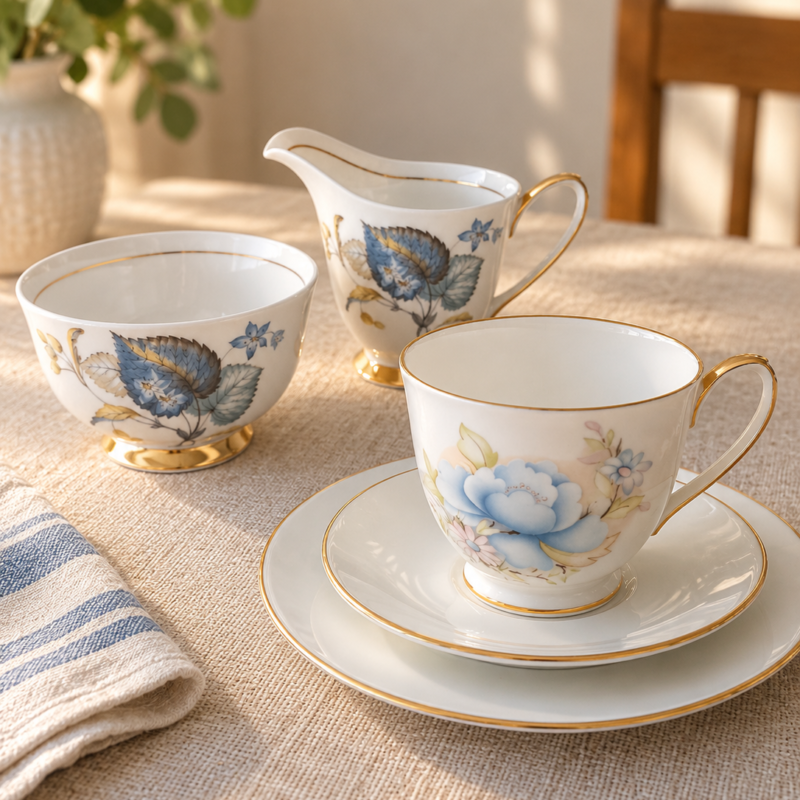 Set de té vintage inglés de 5 piezas con taza Pall Mall Ware, platos Duchess y Queens, terronero y cremero Windsor, decoración floral azul y detalles dorados.