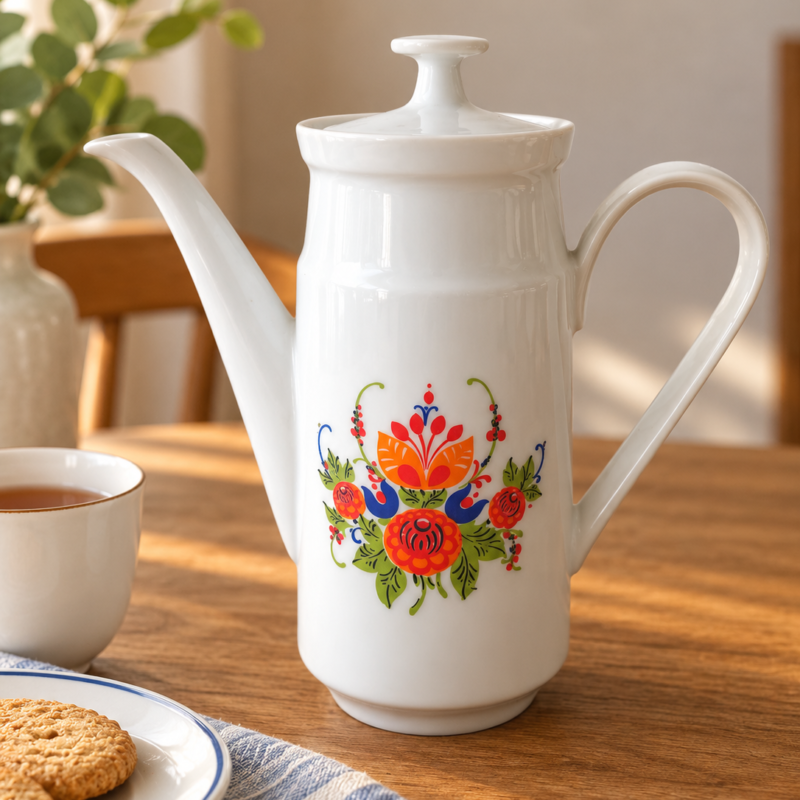 Tetera vintage Kahla Made in GDR de porcelana blanca alemana, con tapa y decoración floral folk multicolor en tonos naranja, rojo, azul y verde.
