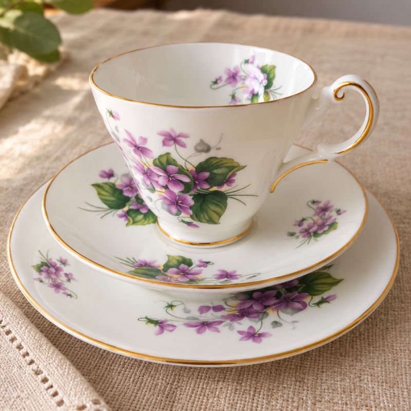 Trío de té vintage Regency English Bone China Made in England, compuesto por taza, platillo y plato de pan, decorado con violetas malva, hojas verdes y bordes dorados.